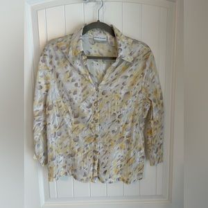 Alfred Dunner 10P Sparkle Button Down Blouse Shirt White Yellow Gray Petite